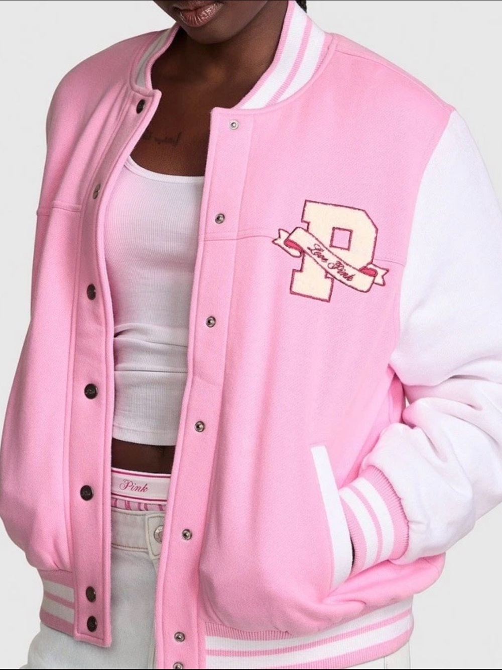 VS PINK VARSITY BOMBER JACKET IN PINK LOLLIPOP LIMITED EDITION SIZES XS-XL